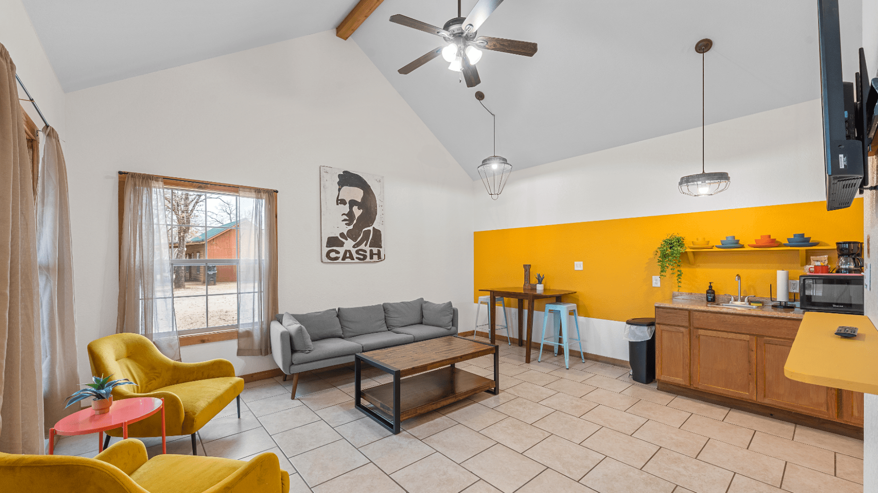 a room filled with furniture and a table